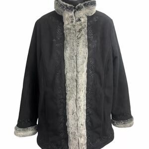LLBean Warm  Black Faux Suede Embroidered Coat Women's Size M